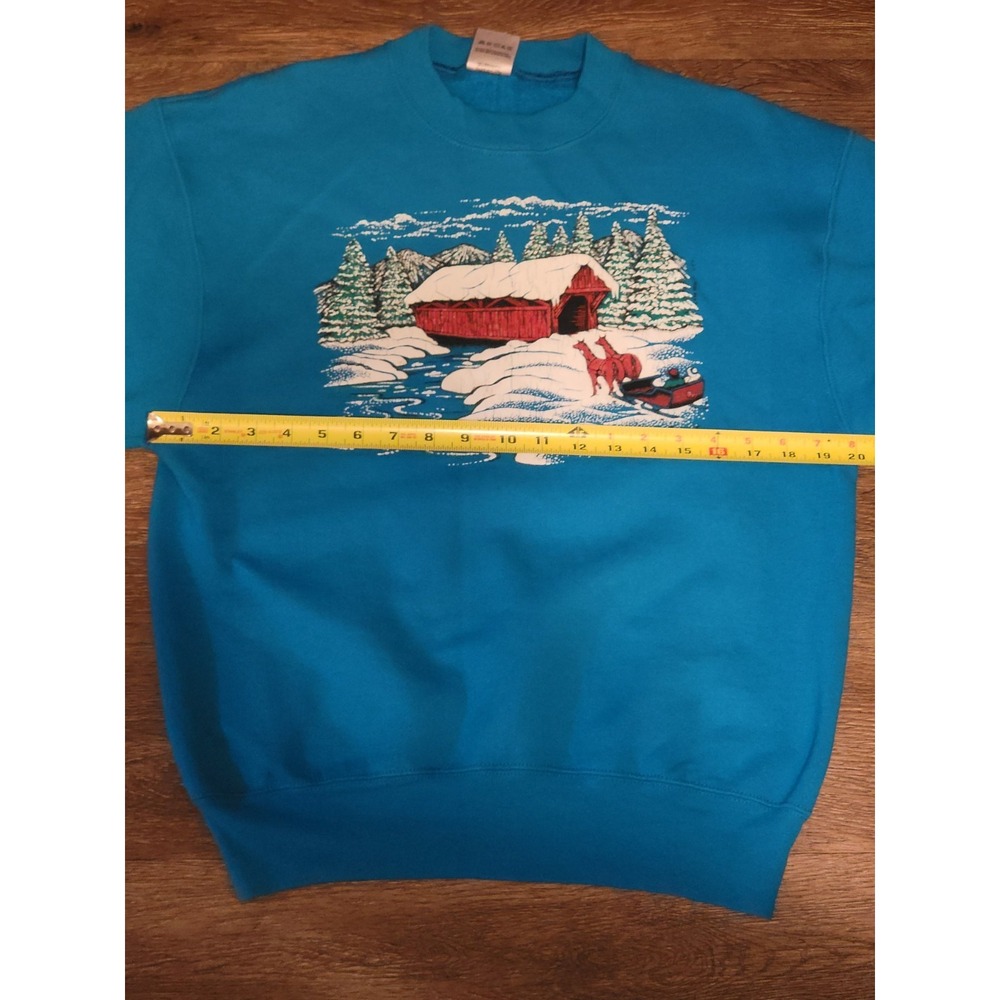 vtg 80s Fruit Of The Loom Graphic Sledding Sz M Turquoise 50/50 Made In USA - Picture 7 of 7